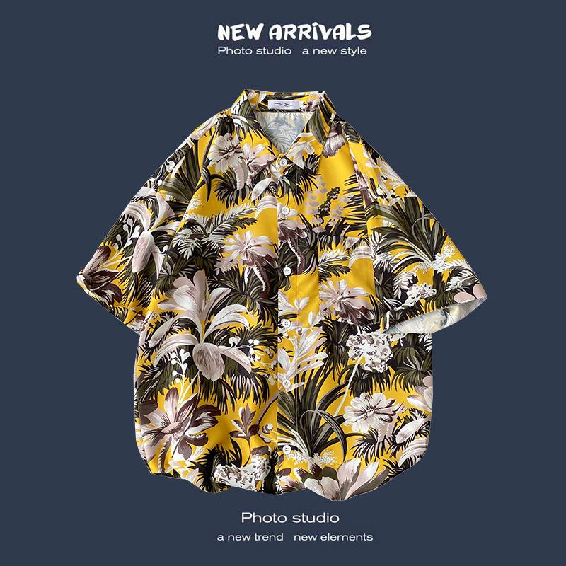 Letnia Koreańska Retro Kwiatowa Para Luźna Koszula z Krótkim Rękawem - Męski Modny Styl