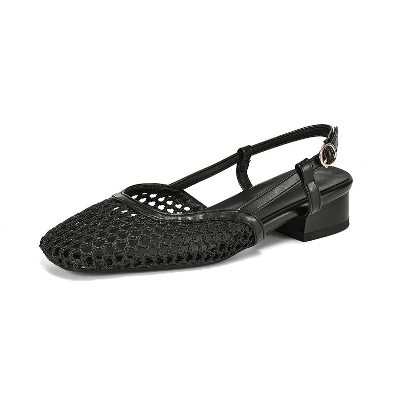 Fashion Women's new spring/summer square toe hollowed out mesh with metal elastic buckle, mid heel, oversized toe closure,M ü ller sands