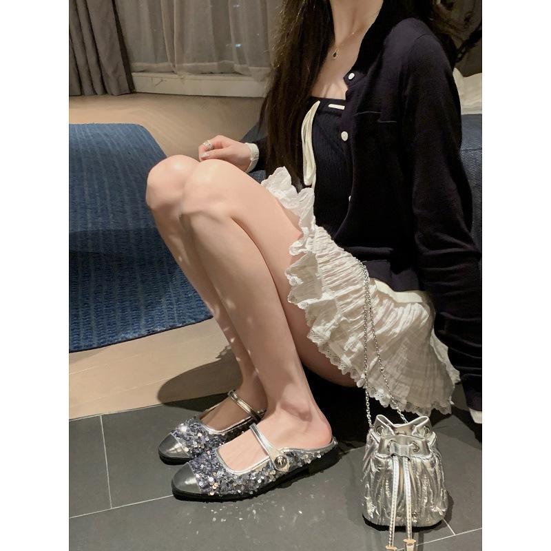 Sheepskin Grape Mother Sparkling Sequined Thick Heel Bag Head Slippers Women's Summer One Word Muller Half Drag Summer Wear Cool Slippers