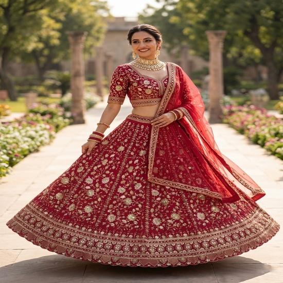 Women's Bridal Embroidered Semi-Stitched Lehenga Choli Set with Net Dupatta & Zari Work