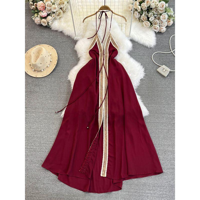 

Socialite Backless Slit A- line Large Hem Dress Halterneck Red S