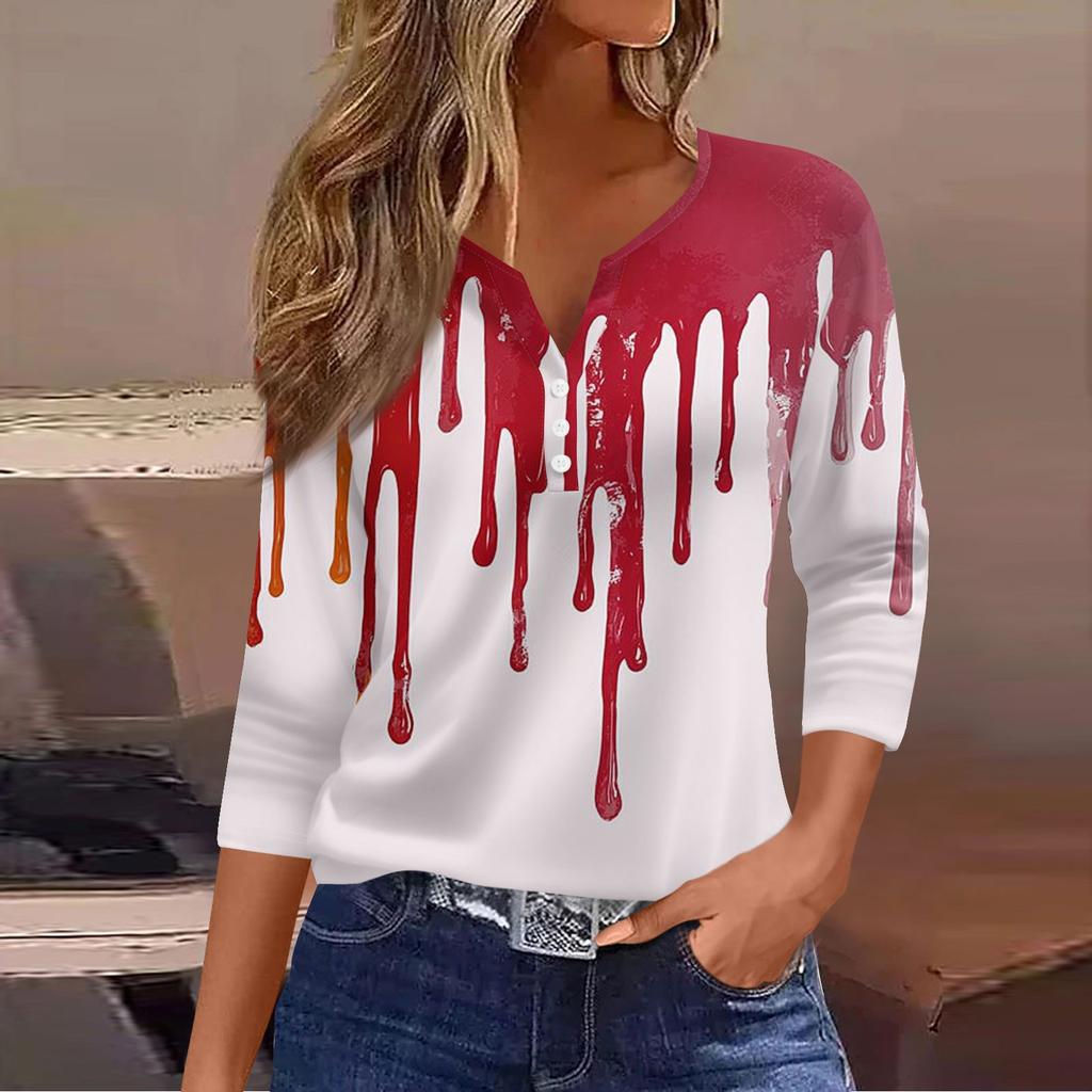 Women's Casual Fashion V-neck Loose Versatile Halloween Print Three-quarter Sleeve Top