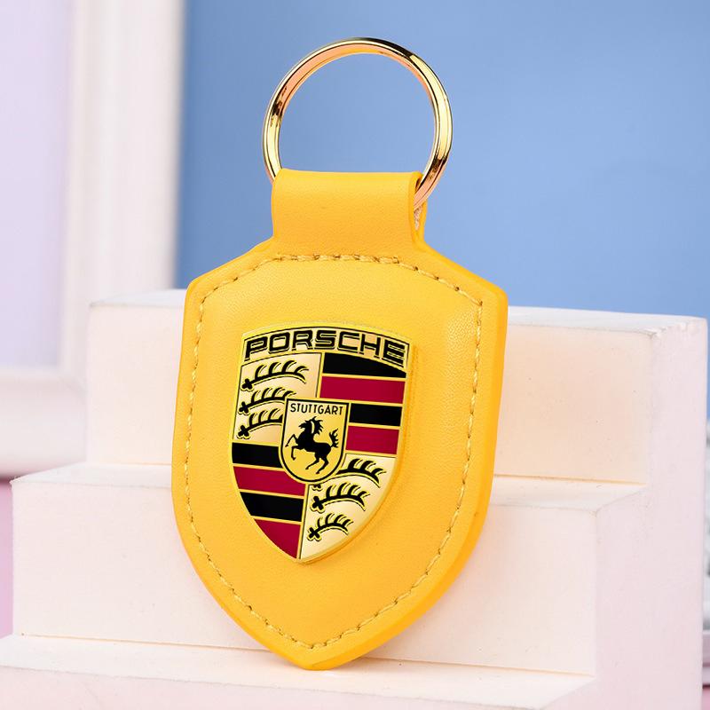 Car Leather Keychain Holder Shield Key Ring Chain Pendant Gifts For Porsche Macan 911 718 Taycan Panamera Cayenne Boxster Cayman