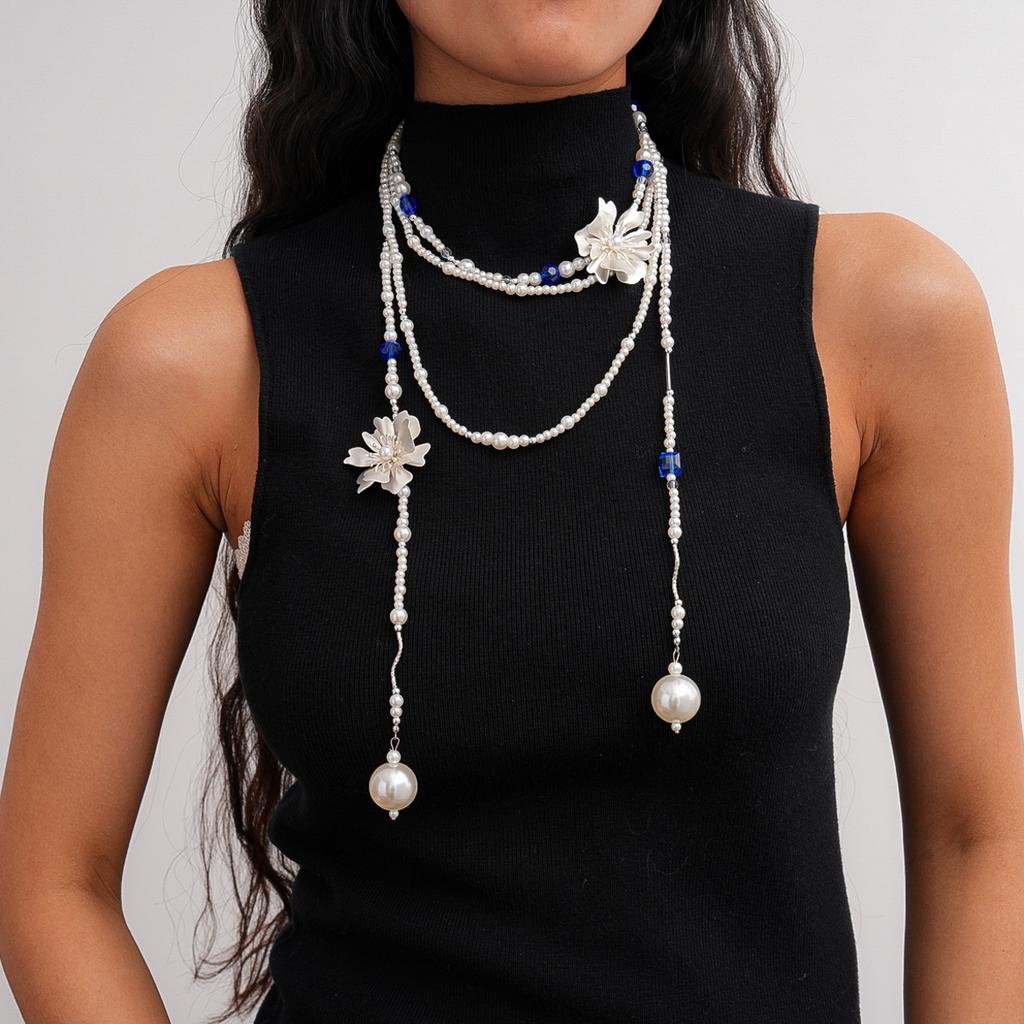 Heavy Industry Glass Pearl Beaded Flower Multi-layer Necklace Sweater Chain Necklace