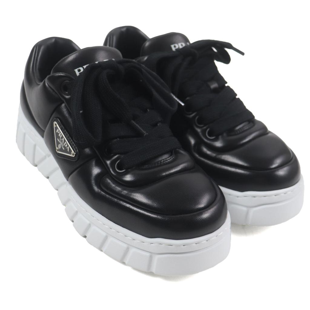 Pristine PRADA Sneakers Triangle Logo Triangle Plate Black Nappa Leather Mens 6 Used