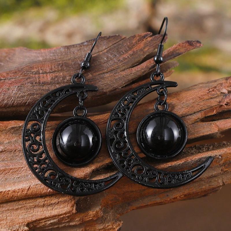 1 Pair Gothic Style Black Bat & Crescent Shape Hollow Pendant Earrings, Elegant Crescent Eardrops Women Jewelry Gift