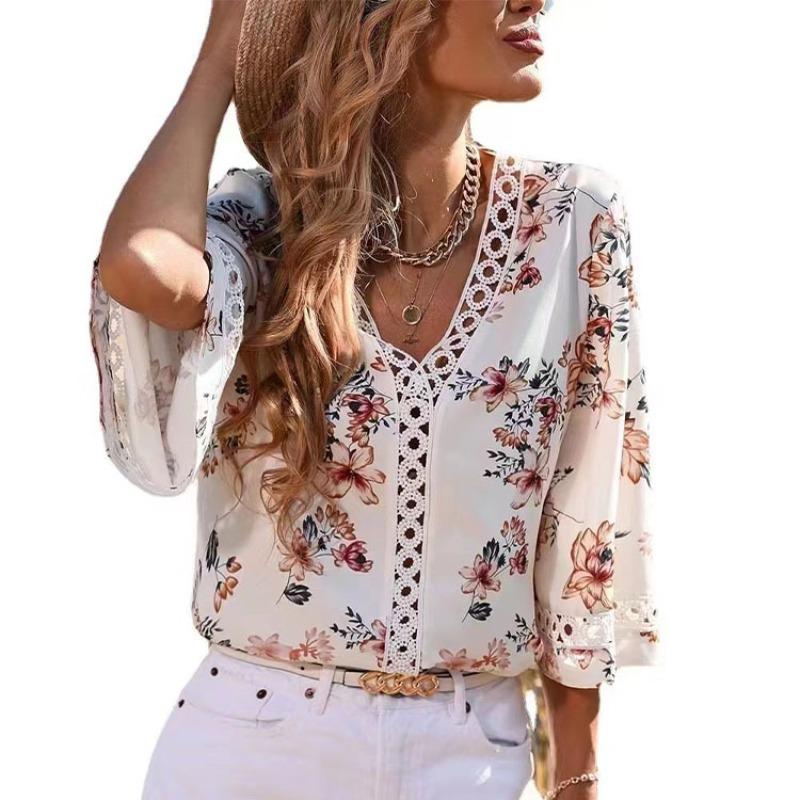 Women's Summer New Loose Type V-neck Temperament Commuter Flare Sleeve Lace Blouse Chiffon Shirt