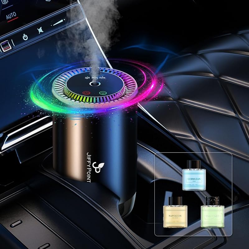JiffyPiont Smart Car Air Freshener | Car Essential Oil Diffuser with 3 Fragrances (150ML Total) | Auto ON/OFF Car Diffuser | Star Projector | 7-Color Diffuser + 3 Oils