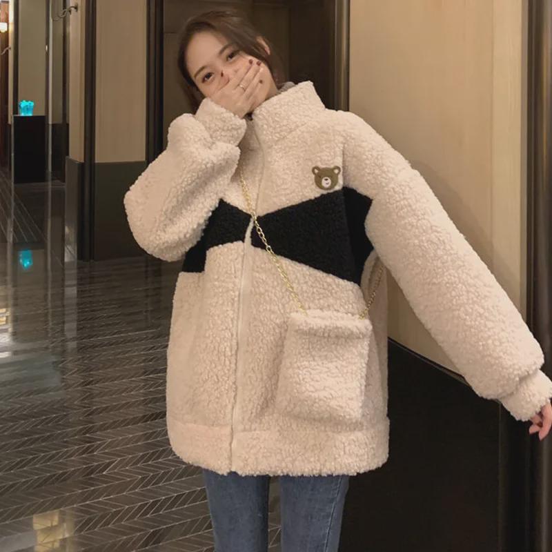 

Женская модная куртка на молнии из плюша ягненка: Осень/Зима Плюс Бархат, Корейский Стиль, Свитер Свободного Кроя. L белый
