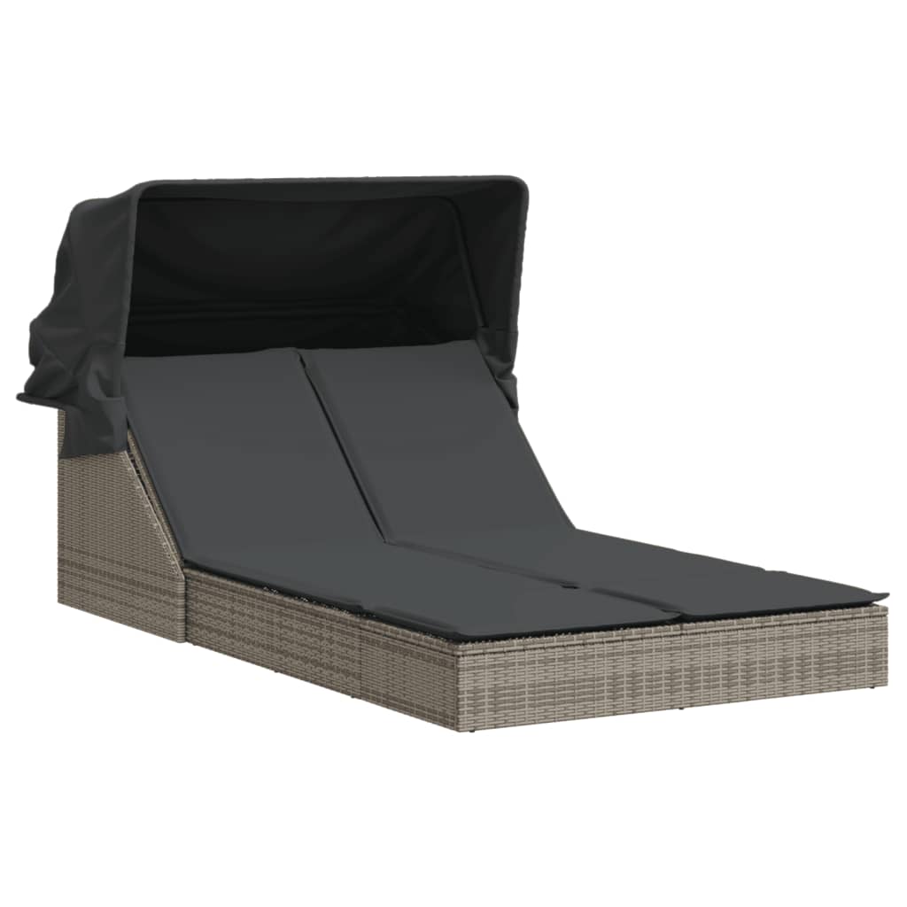 Vidaxl Doppelliege mit Dach und Kissen, Grau, Polyrattan