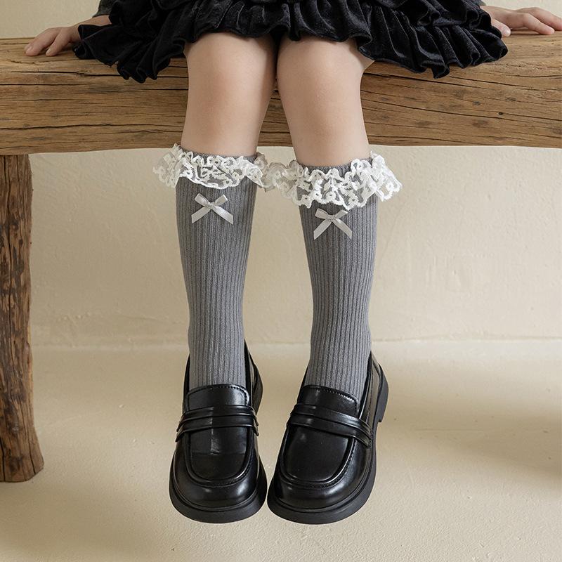 Girls' Tube Socks Japanese Lolita Lace Bow Pile Pile Socks Ballet Style Double Needle Children's Cotton Socks