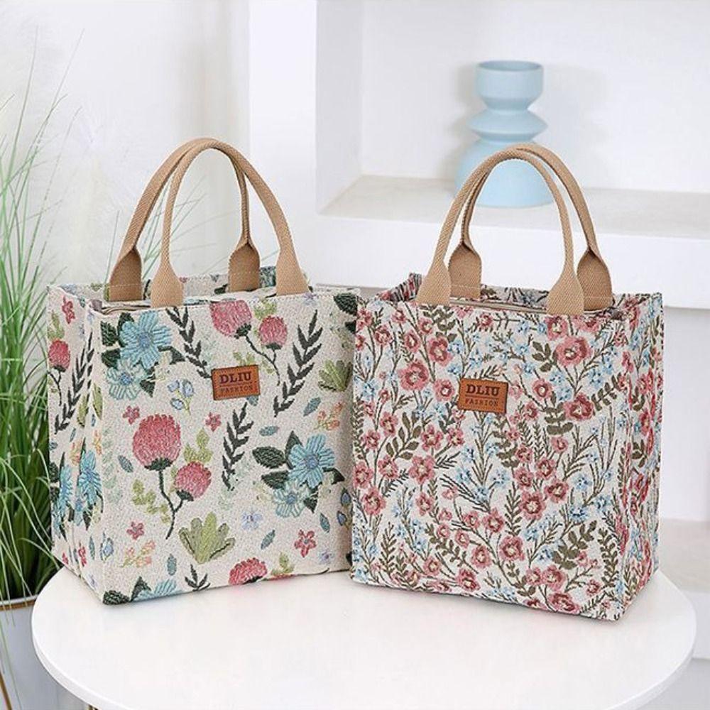 Aesthetic Floral Print Lunch Bag Insulated Large Capacity Lunch Bag Thermal Cooler Handbag For School Work Travel Picnic
