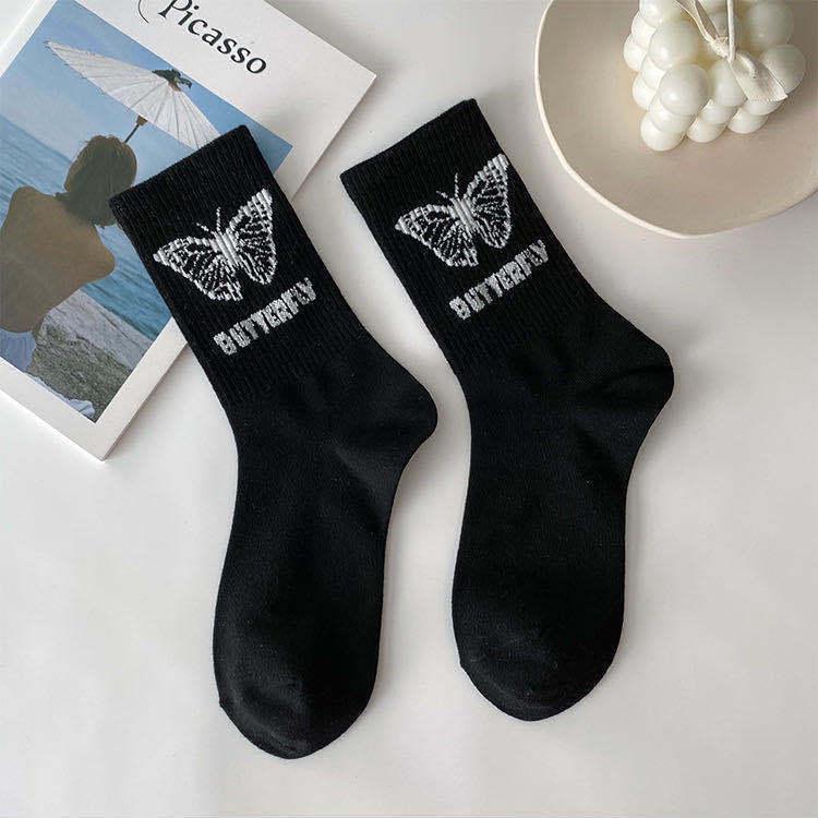 Butterfly Women's Spring Mid-Calf Black & White Scrunched Socks - Trendy Street Sport Style