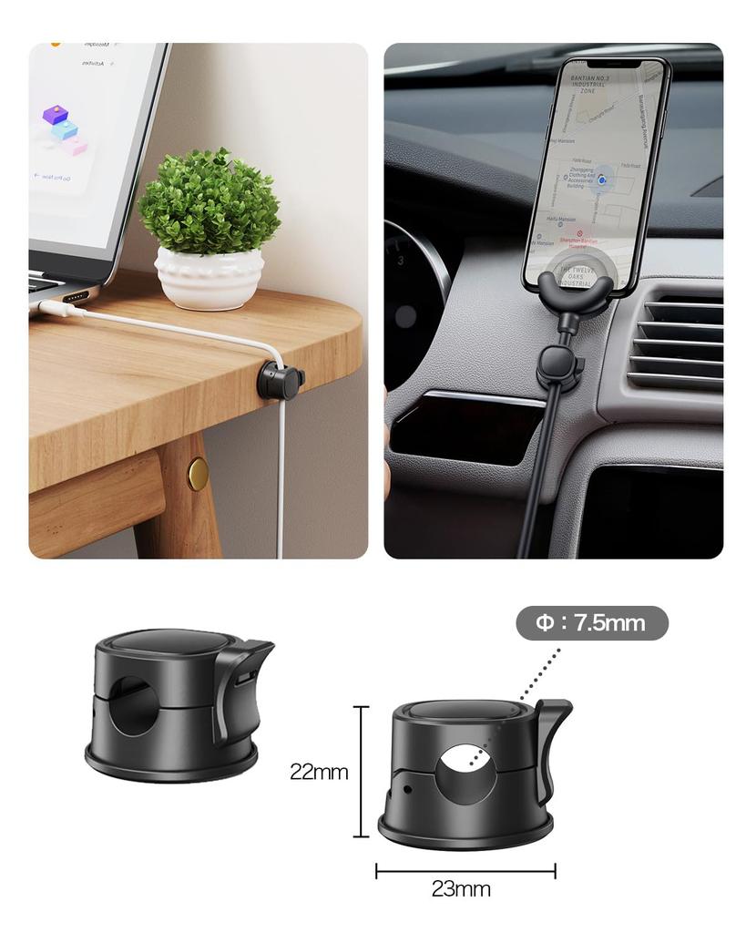 Lasocy Cable Holder, Set of 6, Spring-Loaded Cable Clips, 360° Rotation, Smooth Adjustment, Cord Holder for Desk, Wire Management, Strong Adhesive,