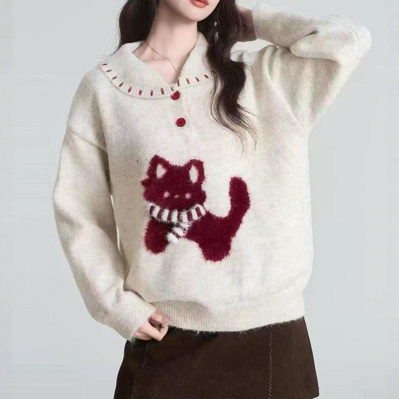 Women's Kitten Jacquard Knit Sweater: New Autumn/Winter Slimming Polo Collar, Age-Reducing Stylish Design.