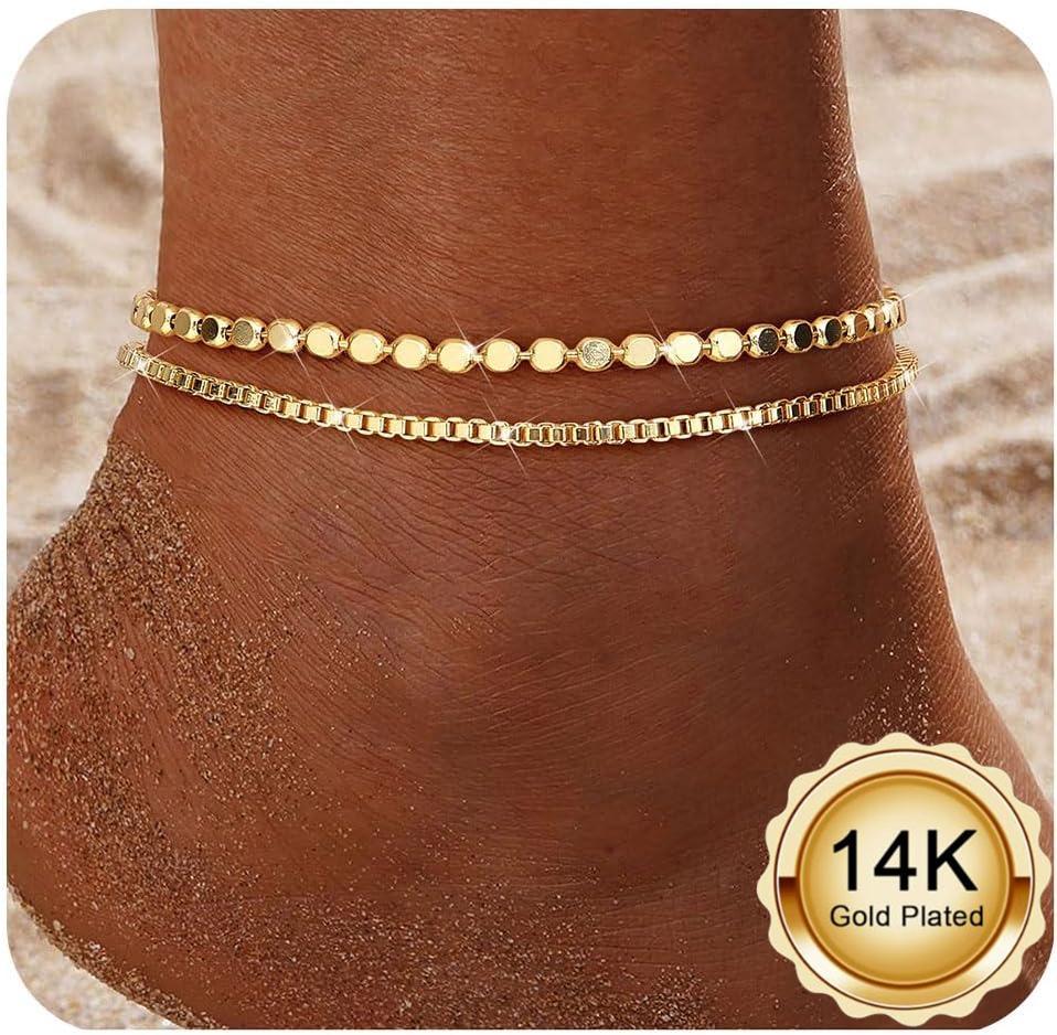 

Bobisty Gold Plated Ankle Bracelets for Women Adjustable Anklets Waterproof Dainty Layered Ankle Chains Beaded Rope Link Beach