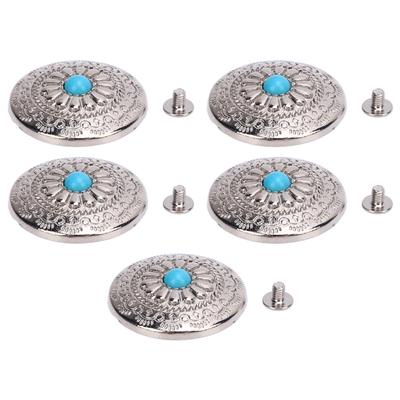 Deri El Sanatları İçin 4,5 mm Vidalarla Gümüş Çiçek Mavi Turkuaz 30mm Yuvarlak Şekilli 5 Set Vidalı Arka Düğme Concho