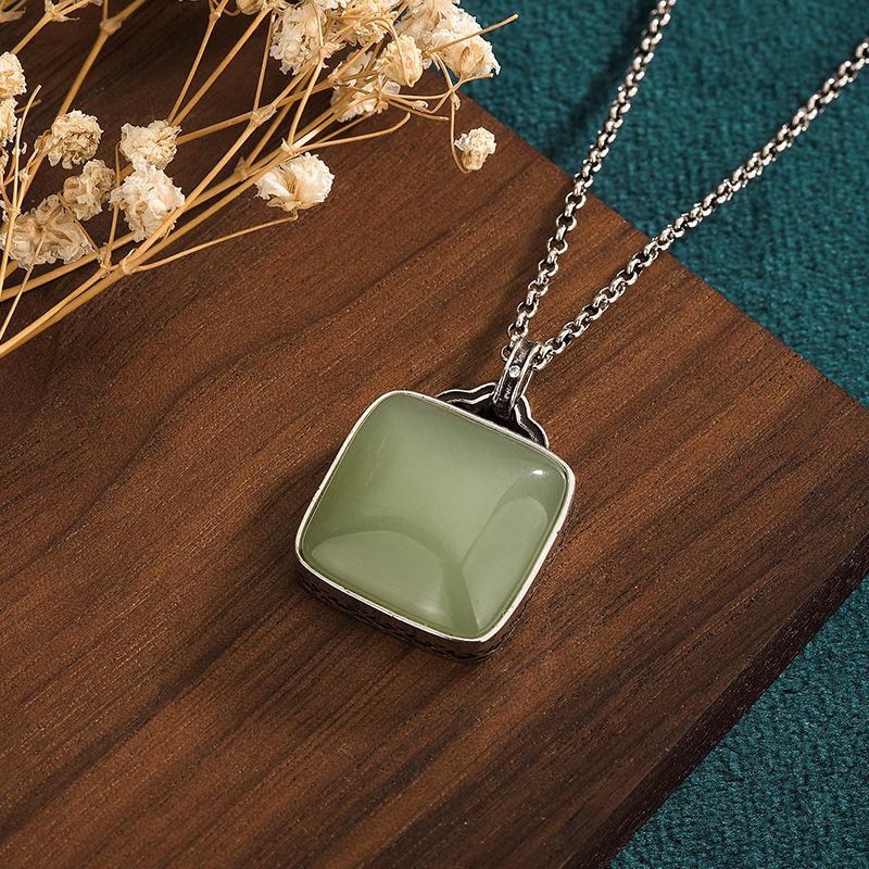 Aieryuan Retro Thai Silver Necklace with Inlaid Imitation Hetian Jade Pendant