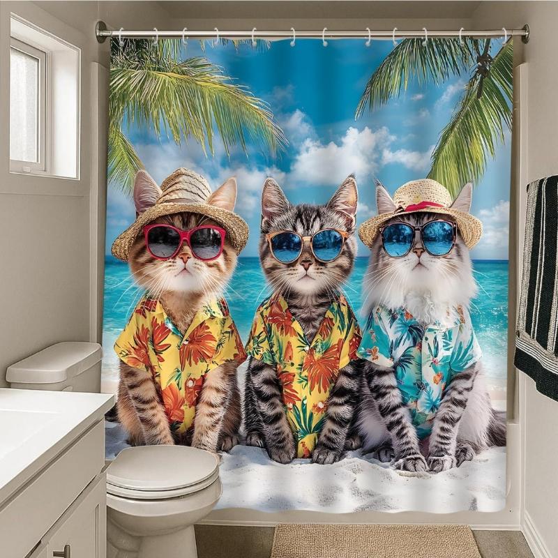 Lustiger Katzen-Duschvorhang Ozeanstrand-Thema Niedliches Lustiges Tier Palmenblatt Tropische Pflanze Sommersonnenlicht Naturlandschaft Nautisch