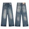 Mens Distressed Straight Fit Denim Jeans With Embroidery Mid-Rise Water Washed Cotton Blend Streetwear Casual Pants