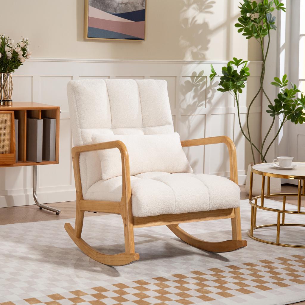 Rocking Armchair 90 degrees-130 degrees with Lumbar Cushion upholstered in Sherpa Fabric, 64.5x82x89 cm, White and Wood Colour