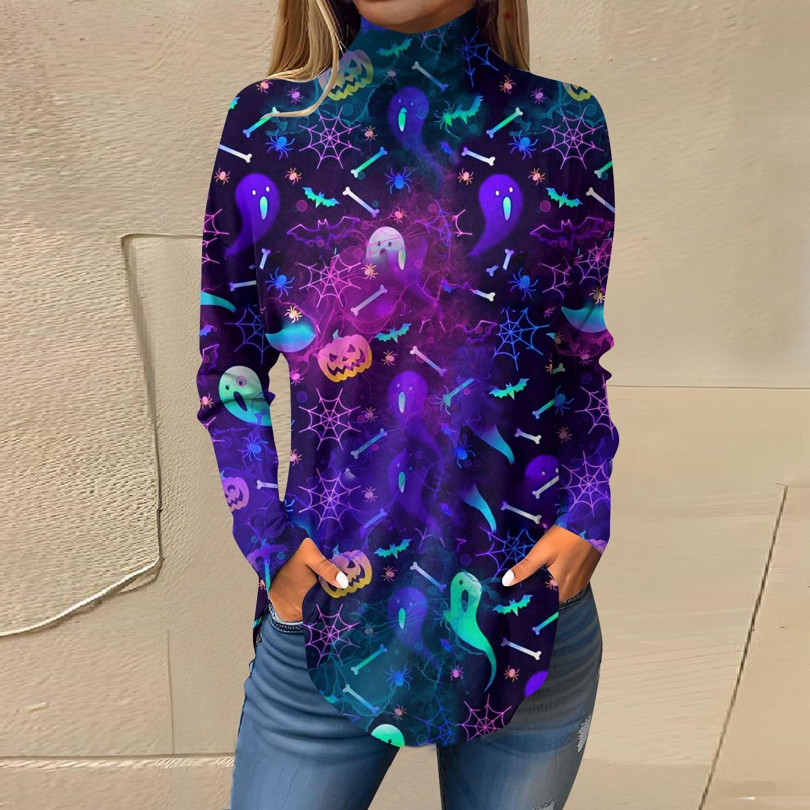 Женская свободная футболка с высоким воротом и длинными рукавами — фото 9