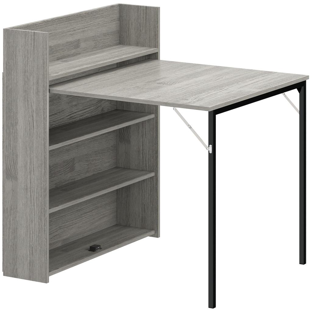 Kitchen Table, Folding Dining Table, with 4-Tier Shelves, Modern Drop-Leaf Table, Grey Wood Effect