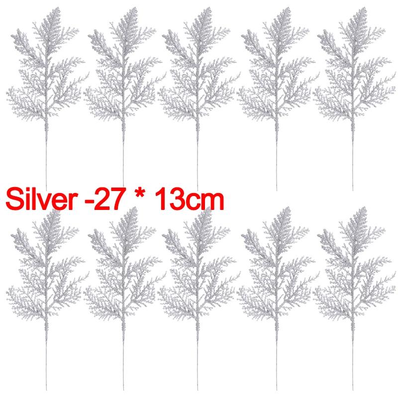 10/5PCS Christmas Glitter Artificial Pine Branches Xmas Tree Hanging Ornament Leaves Fake Plants Flower New Year Home Decoration