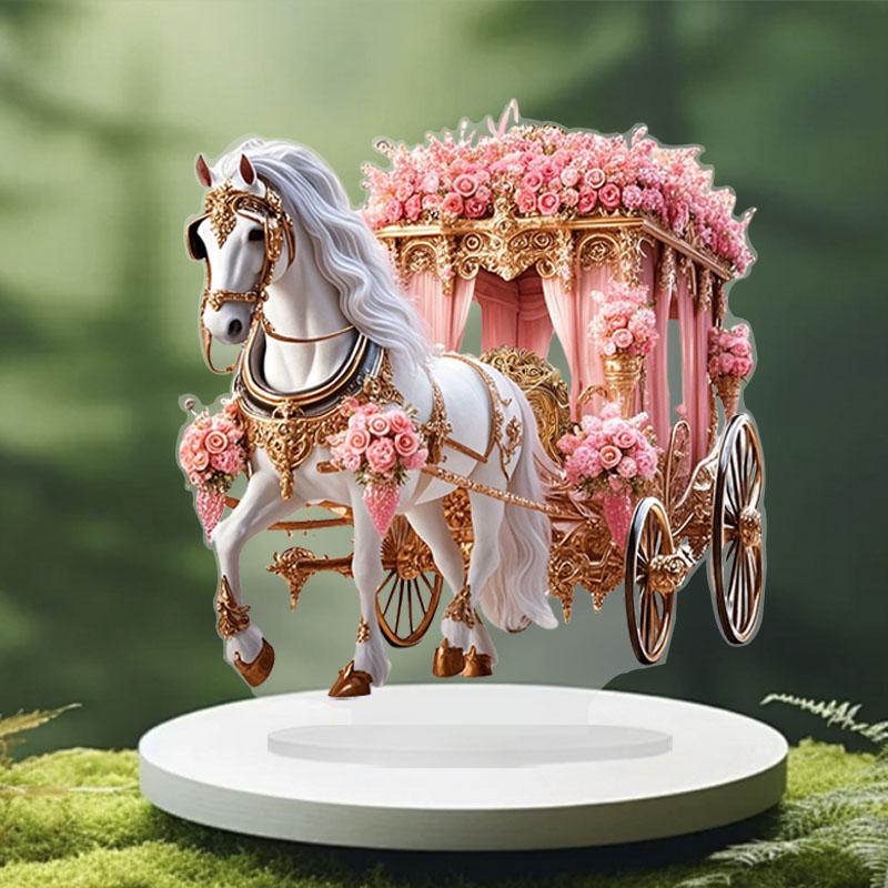 2D Romantisches Weißes Pferd & Blumenkutsche Farbdruck Acryl Tischaufsteller Familienweihnachtsfeier Multifunktionale Heimdekoration