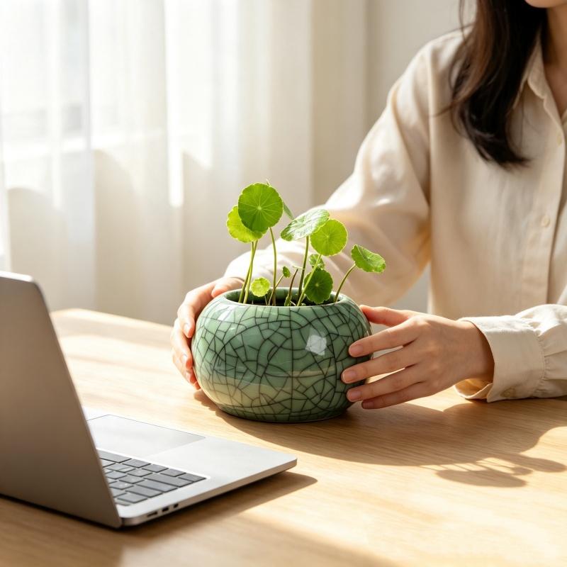 Creative Handmade Geyao Ice Crack Round Succulent Plant Pot Asparagus Fern Orchid Flowerpot Small Size Vase Home Garden Decor