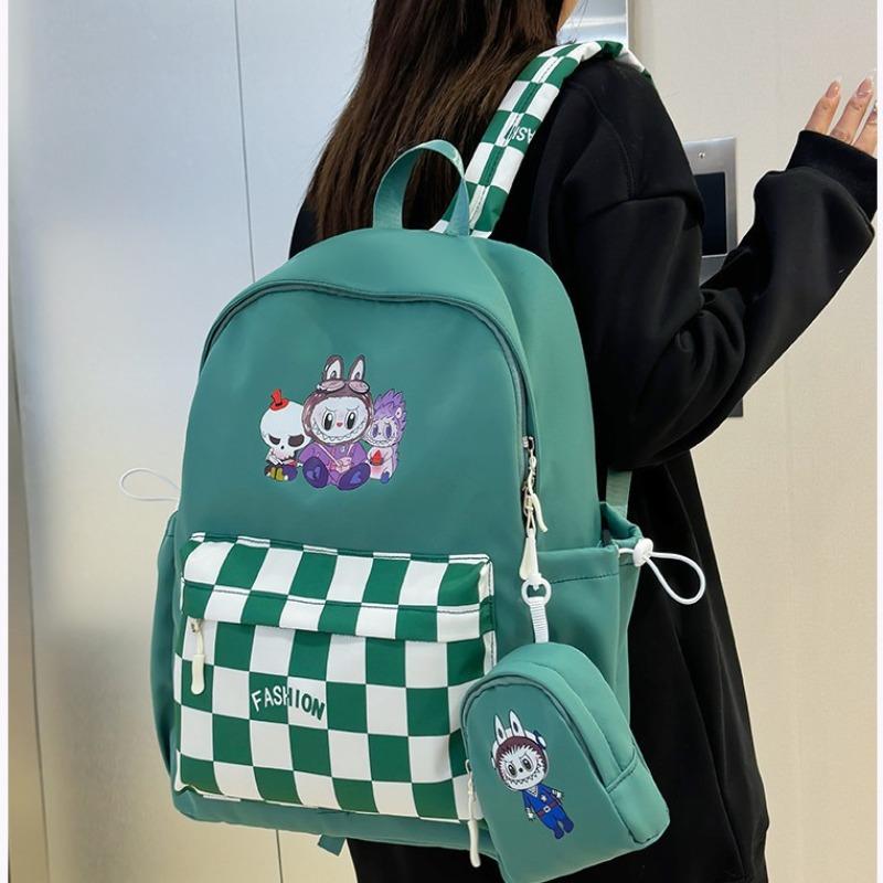 Labubu School Bag Plaid Backpack Student Bag Backpack Cute Primary School Students Large Capacity