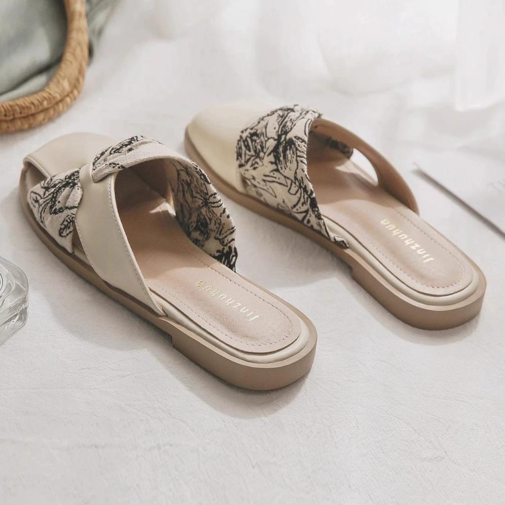 Sheepskin version~ Gentle heelless lazy person with one foot pedal flat-bottomed temperament bag head half slippers female summer