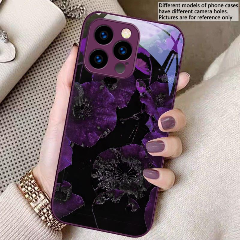 Light luxury lotus leaf For iPhone 16 E 15 14 13 Plus 12 mini 11 Pro Max XR Xs Max X 7 8 P lus 6 6S 22 Tempered Glass Phone Case