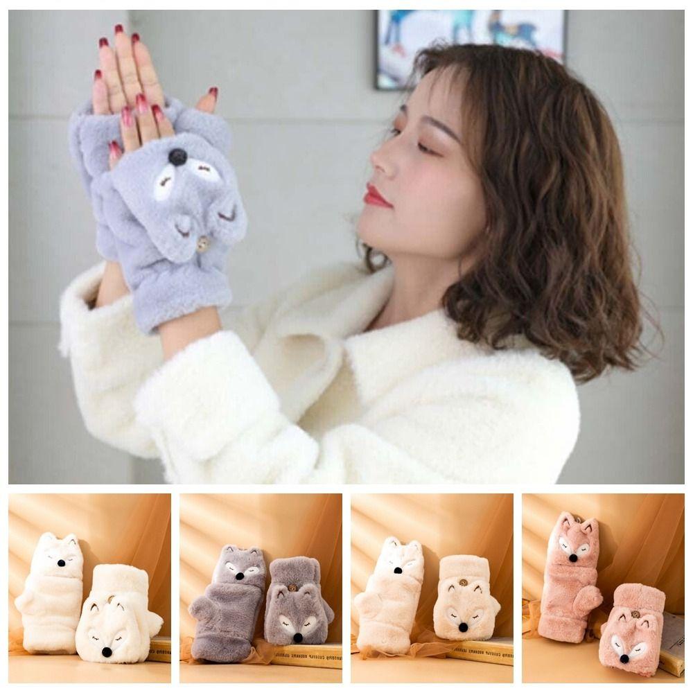 Cartoon Fox Gloves Plush Mittens NEW Flip Fingerless Gloves