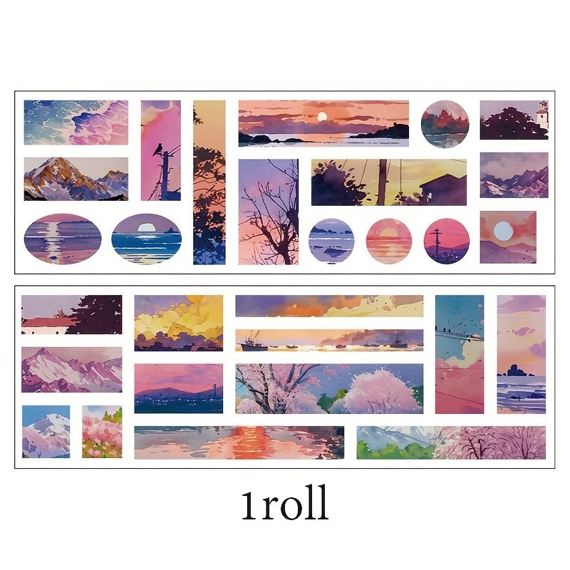 2m/ Roll Flash Sand Adhesive Washi Tape Mountains Rivers Sunset Sea Natural Scenery Tape DIY Greeting Card Cup Photo Decorative