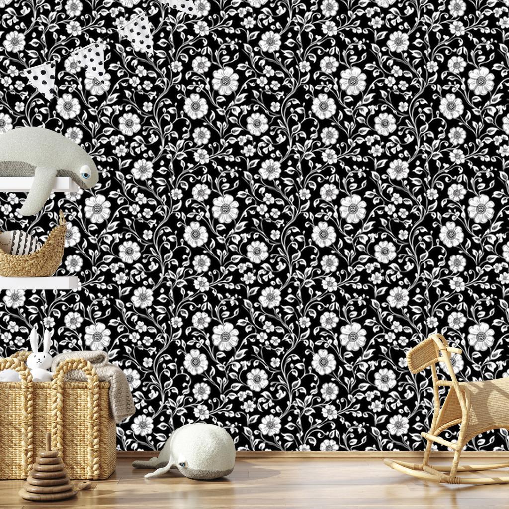Black and White Flowers Graphite Wallpaper for Living Room and Bedroom 50x1000