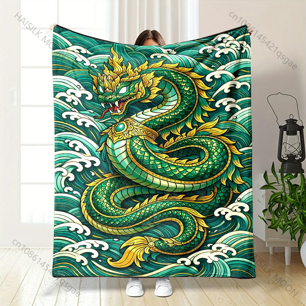 Multiple Sizes Dragon and Waves Print Blanket Warm Soft Suitable for All Seasons for Home Sofa Travel Camping Picnics RV