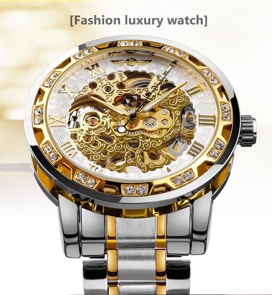 FORSINING Winner Retro Manual Skeleton Watch with Diamond Carving Flower Craft Roman Numerals Silver White Men