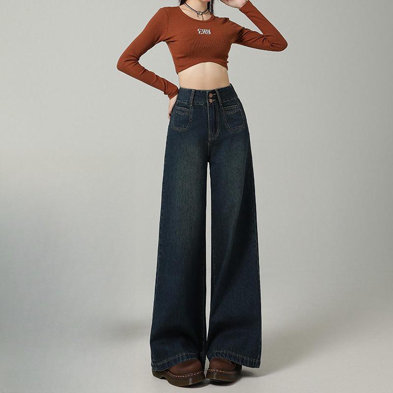 

Plus Size Women s Dark Blue Wide-Leg Jeans - Autumn Floor-Length Loose Fit 2XL