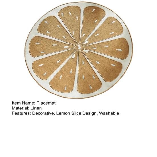 Lemon Slice Placemat Linen Heat Insulation Dining Mat Embroidered Round Orange Washable Placemat for Dining Table Decoration Protection