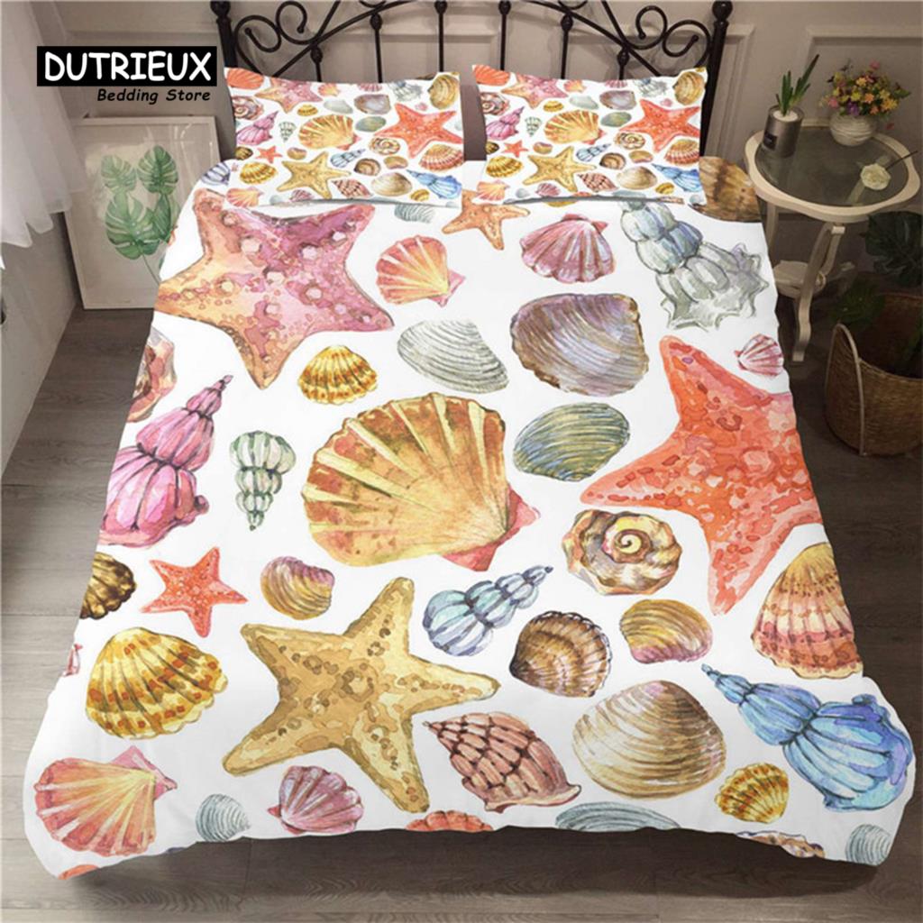 Seashell Starfish Duvet Cover Beach Theme Bedding Set Microfiber 3D Waves Comforter Cover For Kids Teens Girls Boys Room Decor