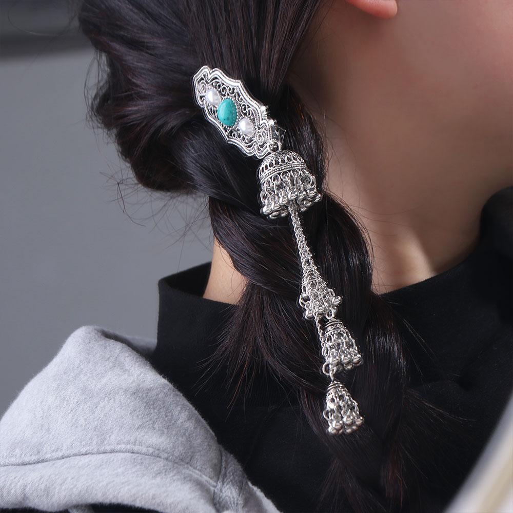 Elegant Turquoise Tassel Bell Hair Clip Crystal Chinese Style Hair Accessories Bride