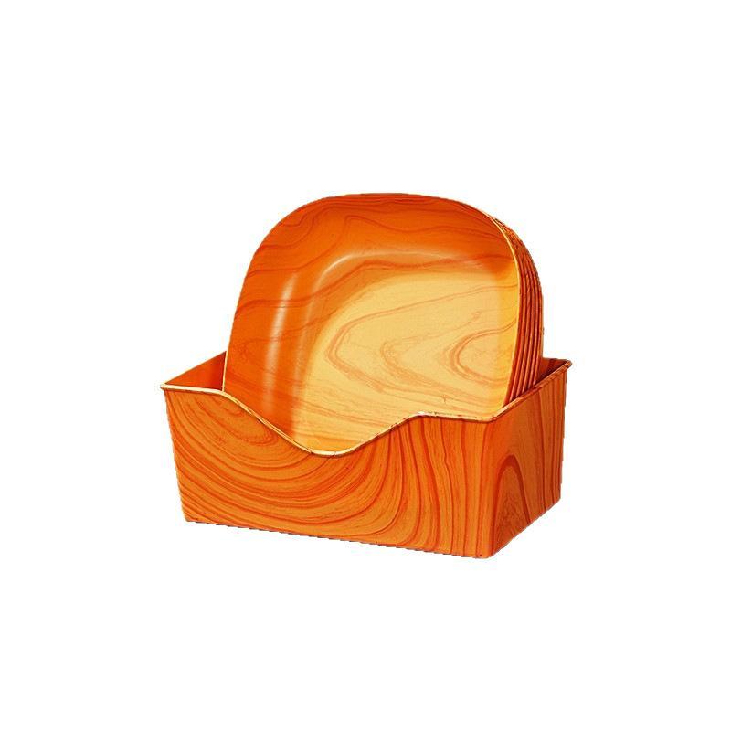 Wood Grain Plastic Serving Plate Eco Friendly Unbreakable with Storage Holder for Kitchen Outdoor Picnic Catering Events