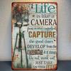 VintageInspired Metal Wall Art  Life Is Like a Camera Photography Quote Sign Distressed Wood Grain  Lens Design Rustic De