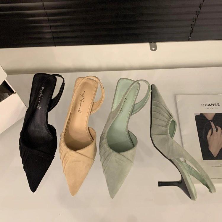 French stiletto high heels, green bag head sandals, fairy shoes 2025 spring and summer temperament socialite pointed head single shoes
