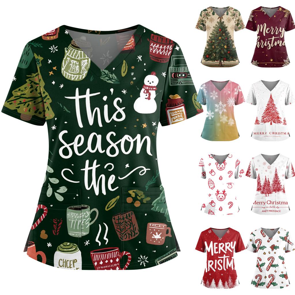 Women's Christmas Print V-Neck Double Pocket Short Sleeves Hem Slit  Uniform And Caregiver Top
