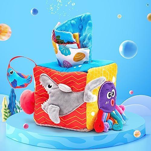 Hahaland Baby Toys 6-12 Months Montessori Sensory Tissue Box, Colorful Fabric Tabs Sensory Motor Skills Learning Toy for Boys Girls Gifts