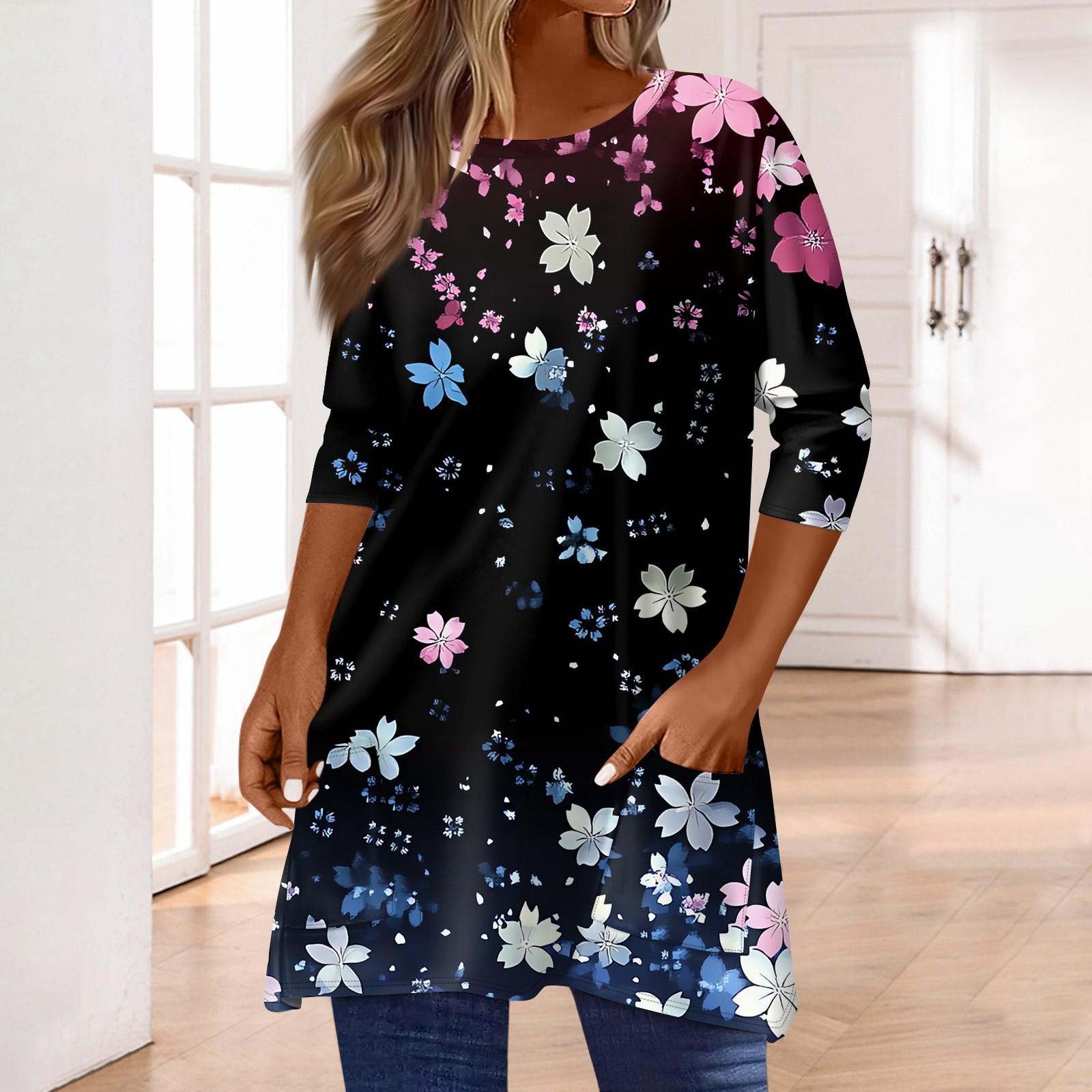 

3/4 рукава кармана топы для женщин футболка повседневный принт средней длины топы футболка круглый вырез пуловер блузка XXL розовый