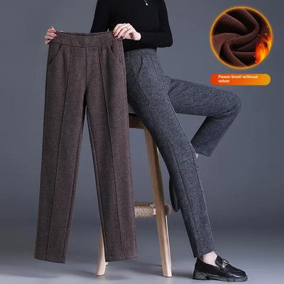 Fashionable High-Waisted Woolen Straight-Leg Pants For Women Thickened Fleece-Lined Casual Trousers 2024 Winter New Arrival