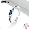 WOSTU 925 Sterling Silver Vintage Pattern & Rectangular Zirconium Ring for Women Adjustable Ring Fashion Jewelry